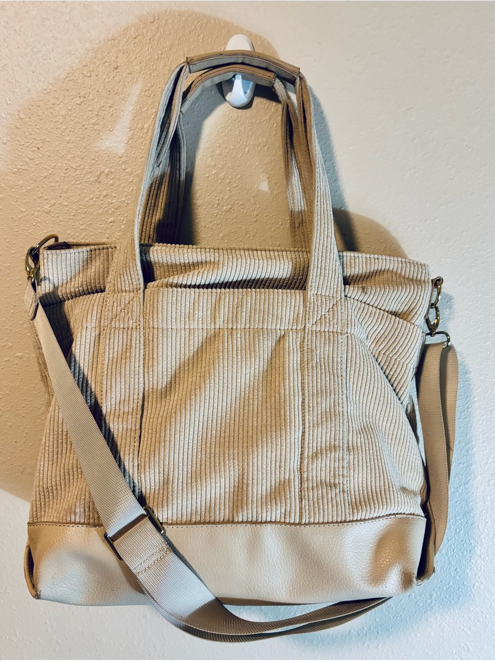 Martha Stewart Beige Corduroy and Faux Leather Tote